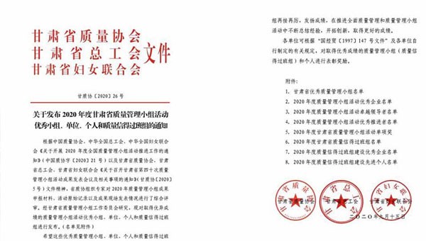 近日，甘肅省質(zhì)量協(xié)會、甘肅省總工會、甘肅省婦女聯(lián)合會聯(lián)合發(fā)文表彰了2020年甘肅省優(yōu)秀質(zhì)量管理小組活動成果，隧道公司推薦申報的《研發(fā)一組濕陷性黃土路基施工高功效參數(shù)》《提高U型槽安裝的美觀度》和《